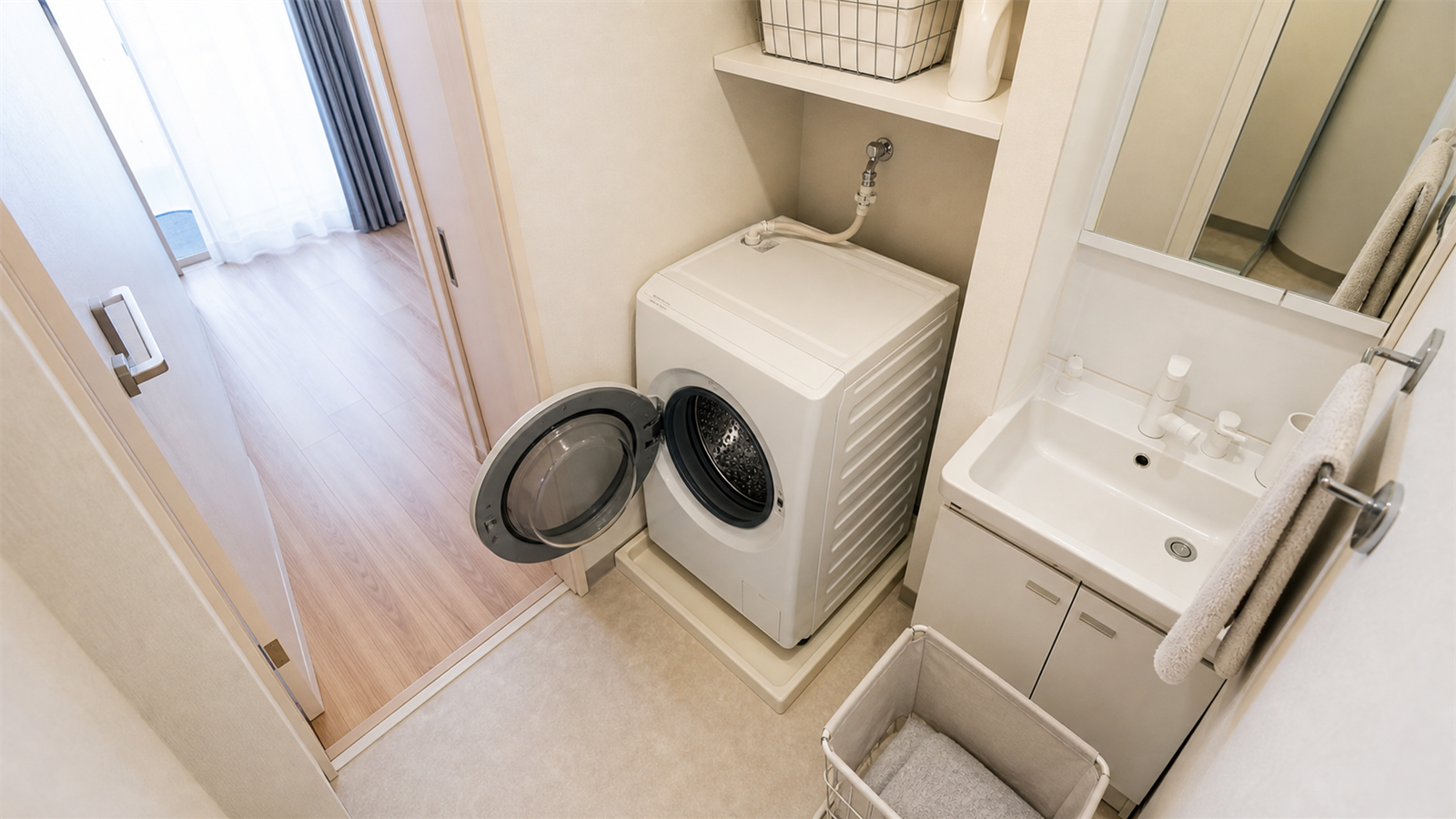 賃貸の狭い洗面所に置いたコンパクトなドラム式洗濯機