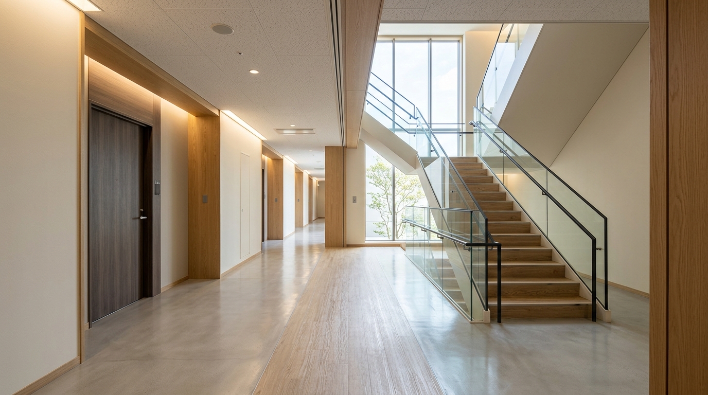 マンションの搬入経路となる廊下と階段