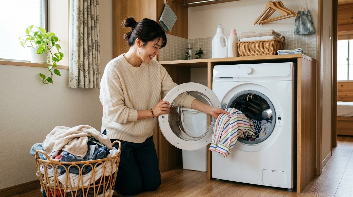 ドラム式洗濯機の扉を前に開いて衣服を入れる女性