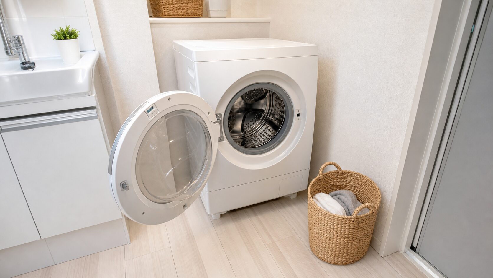 狭い洗面所でドラム式洗濯機の扉を全開にした開閉空間