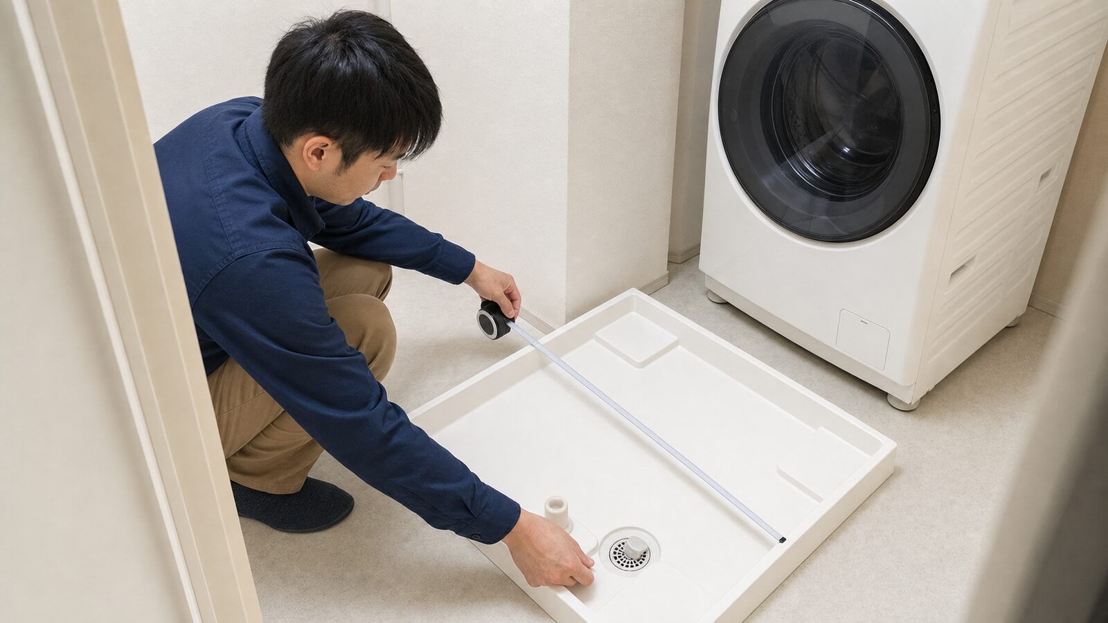 賃貸の洗濯機置き場で防水パンの内寸を測る作業