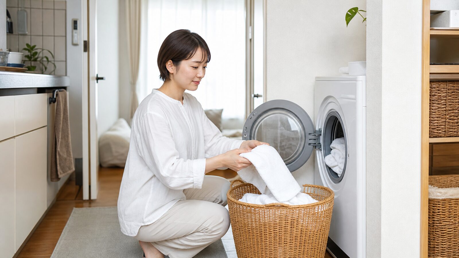 ドラム式洗濯乾燥機から乾いたタオルを取り出す一人暮らし