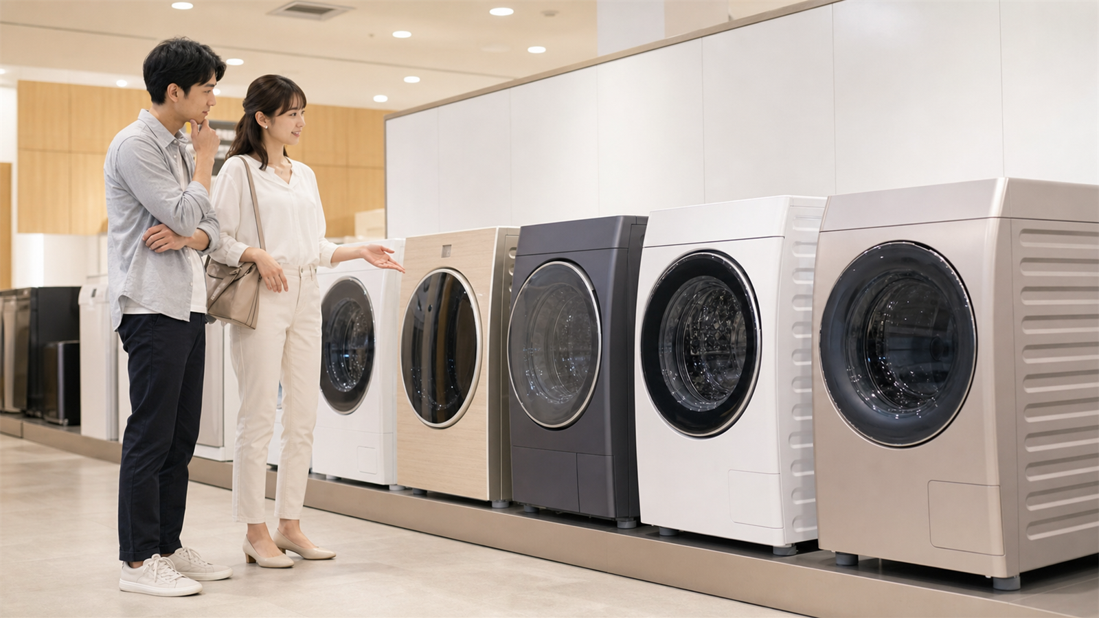 大容量ドラム式洗濯機を比較する日本人の男女