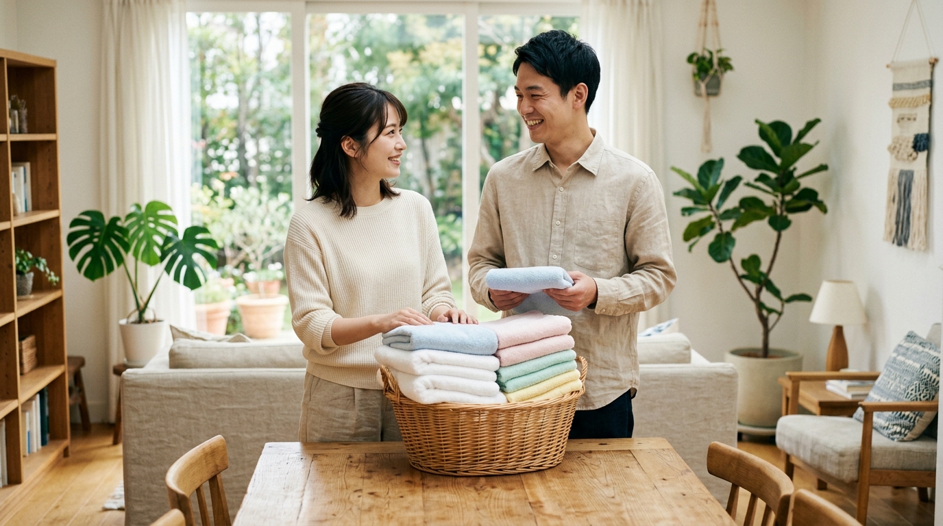 畳まれた洗いたてのタオルと仲良く過ごすカップル