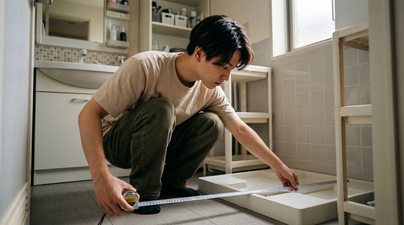 賃貸の防水パンと壁の間隔をメジャーで計測する様子