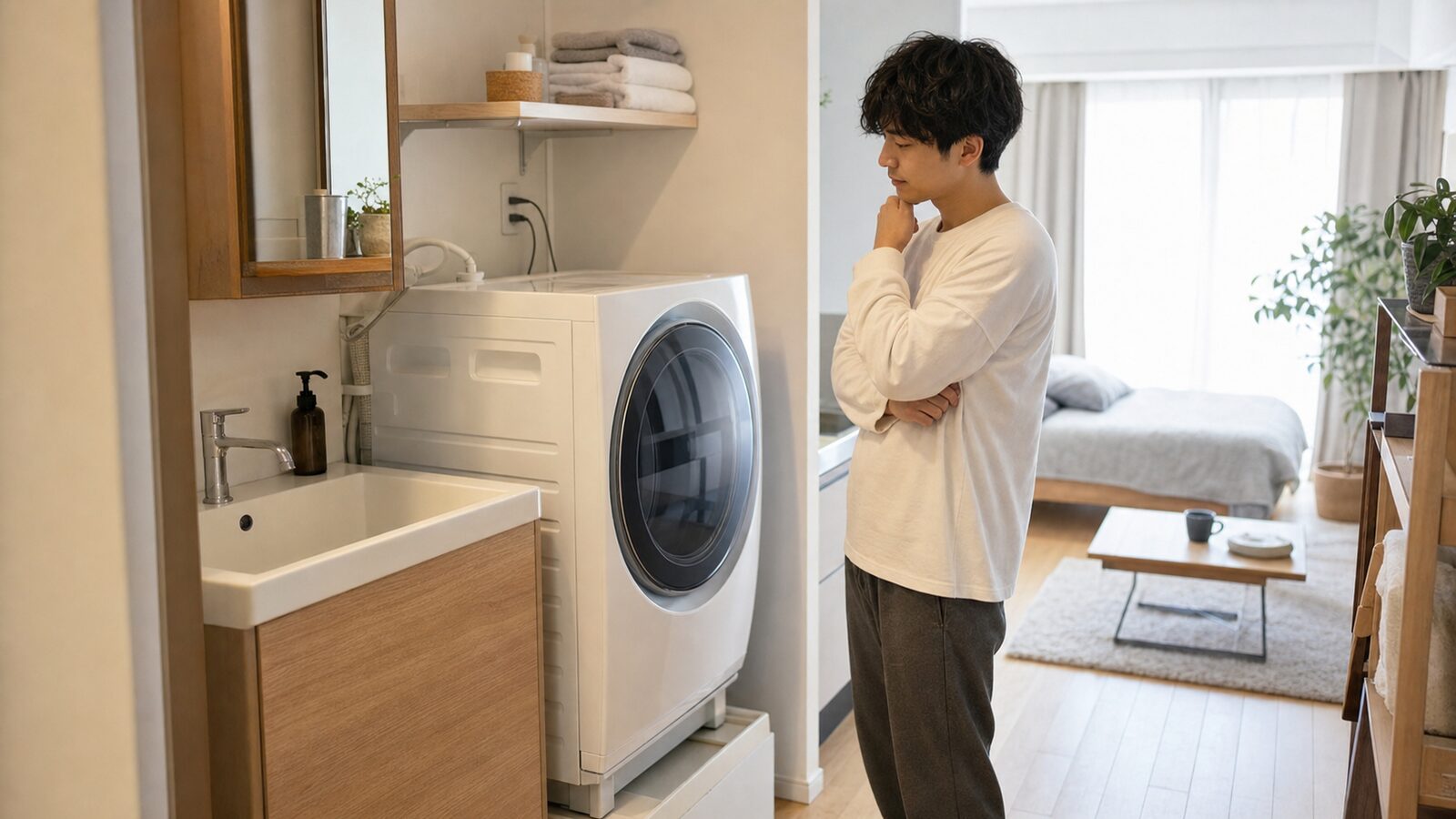 一人暮らしの賃貸でドラム式洗濯機の設置を検討する男性
