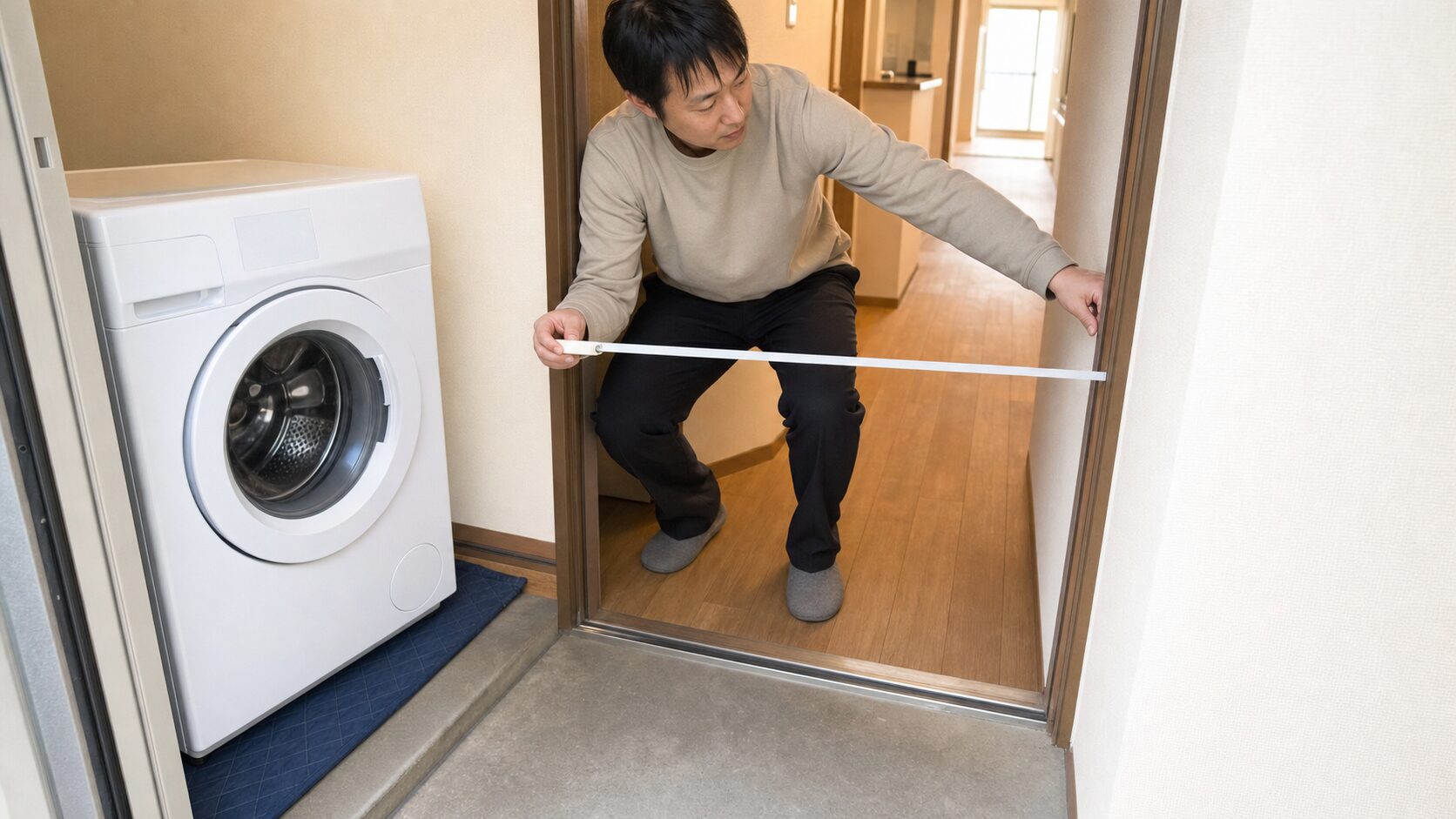 賃貸の玄関でドラム式洗濯機の搬入経路を採寸する男性