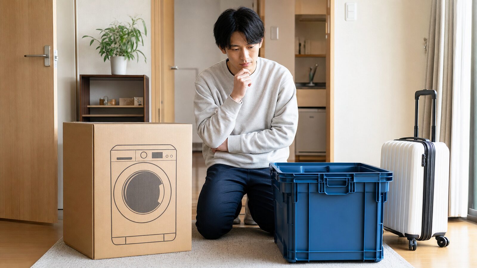 一人暮らしでドラム式洗濯機の購入とレンタルを比較する場面