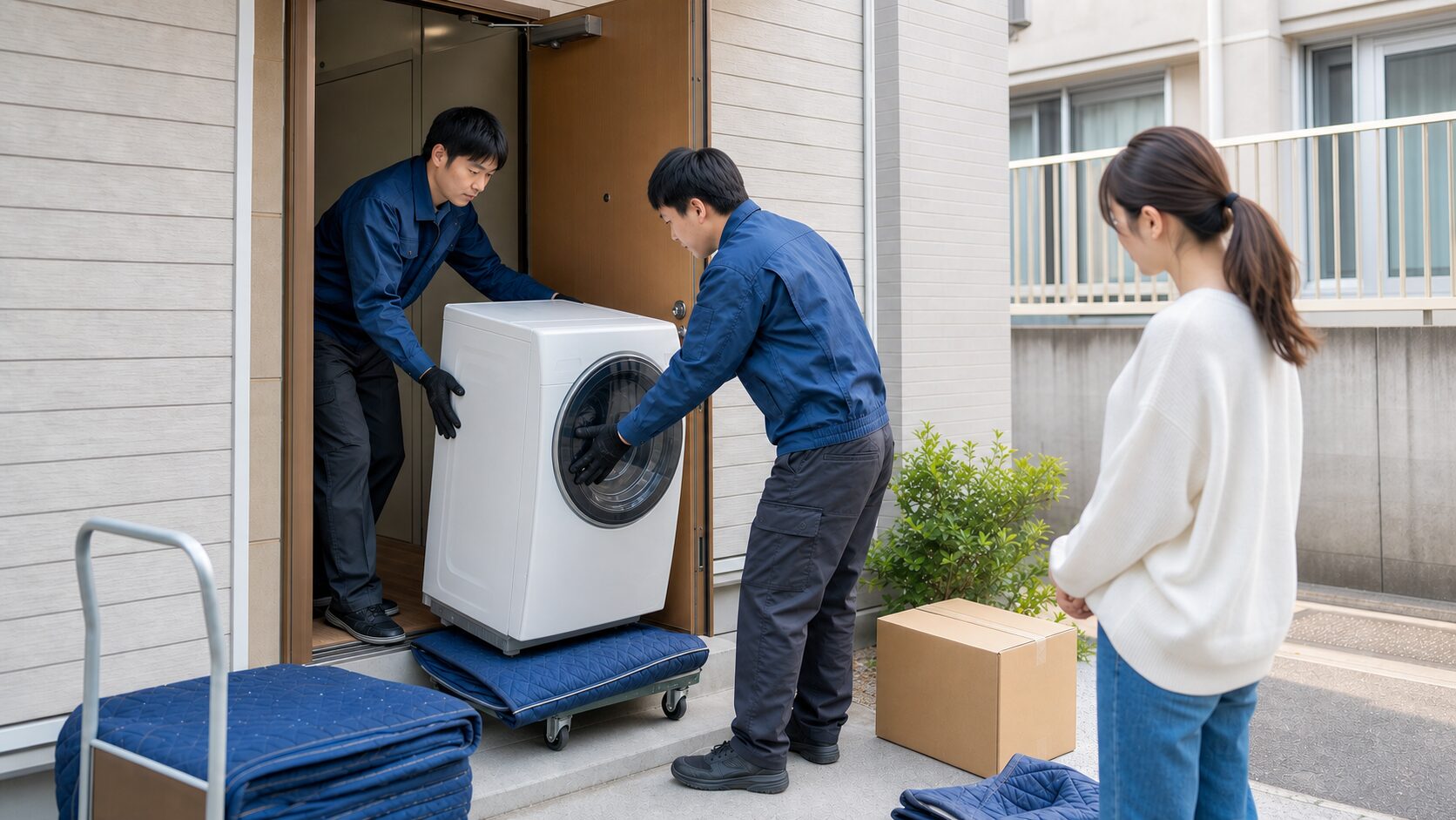 賃貸住宅へドラム式洗濯機を搬入する家電配送スタッフ