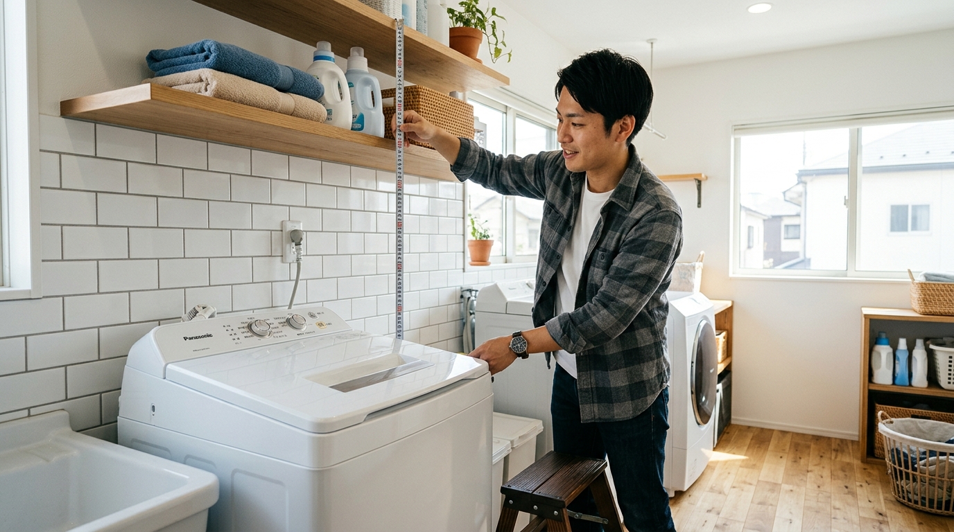 洗濯機上部の棚までの高さを採寸する男性
