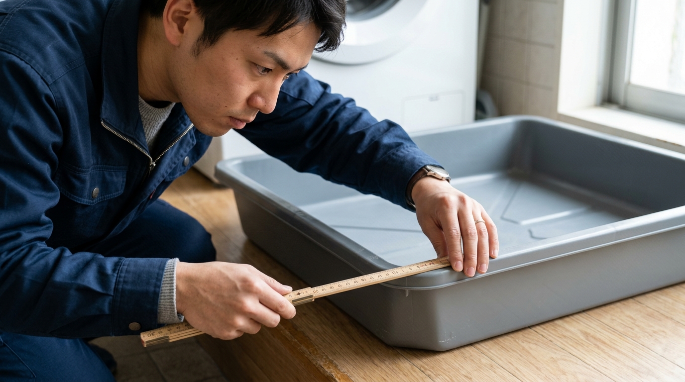 防水パンの内寸幅と奥行きをメジャーで計測する様子